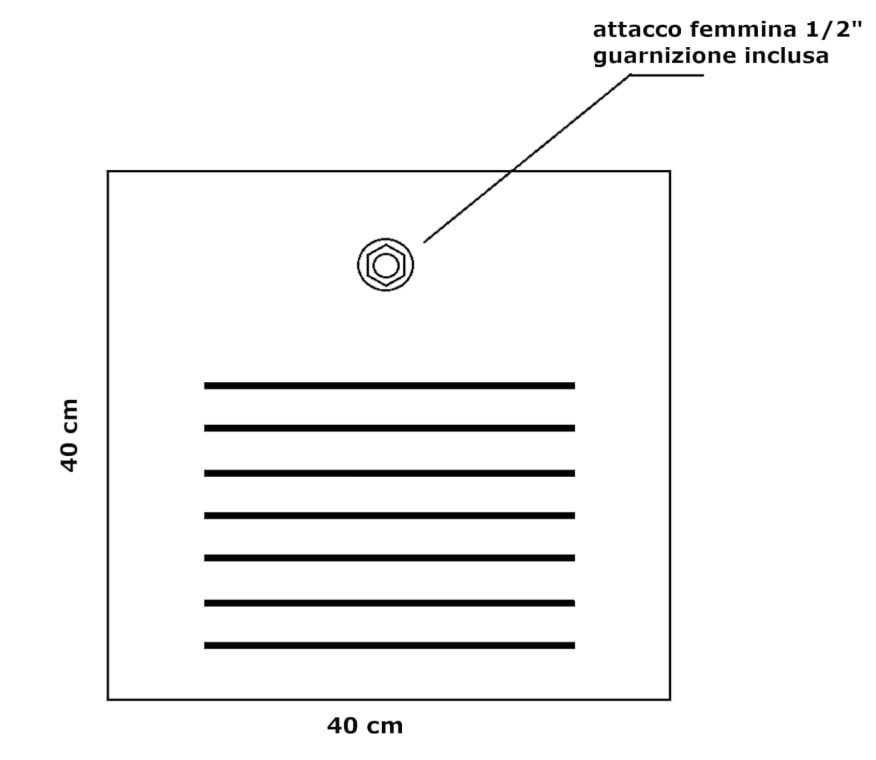 Schema tecnico base Fontana Emilia 40×40 cm con attacco femmina ½″ e scanalature.